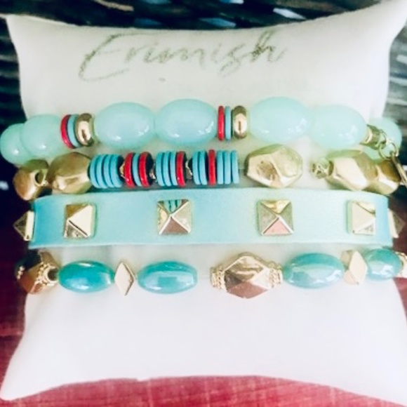 ERIMISH BRACELETS ⭐️ New SEA-MIST GOLD PYRAMID STUDDED LEATHER 4 PC STACK NWT - Picture 7 of 15